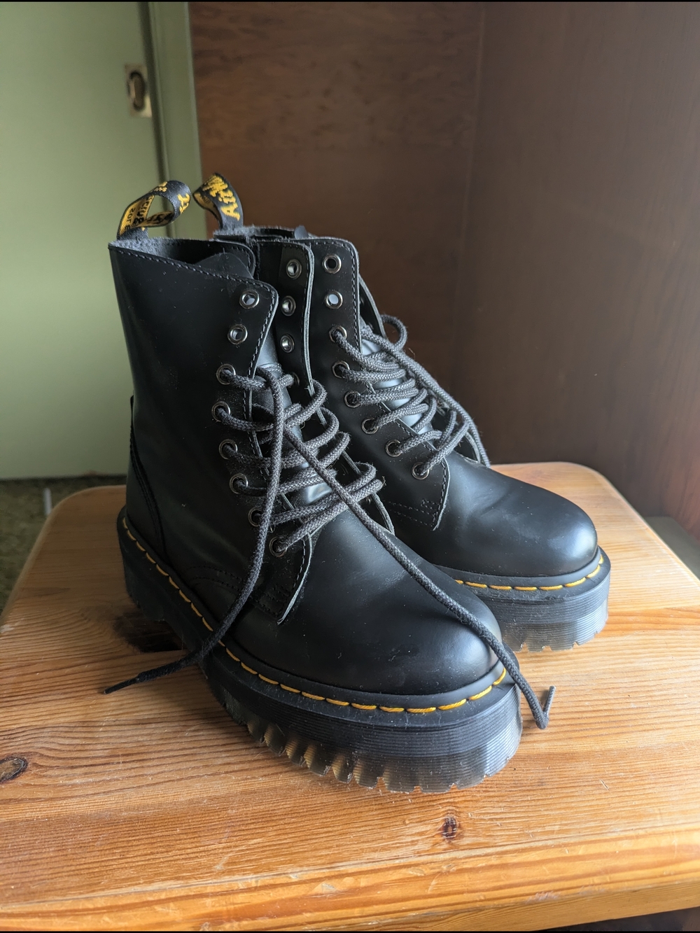 Dr. Martens Black Leather Platform Lace-Up Boots with Yellow Stitching